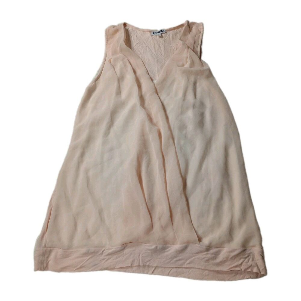 Express Womens Tank Top L Pink Chiffon Overlay Cami Sleeveless Layered Crossover